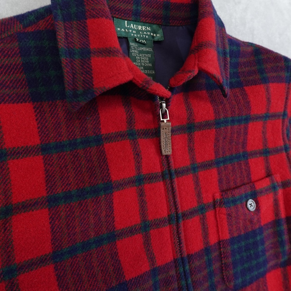 VTG Lauren Ralph Lauren Jacket Lambswool Red Plaid Full Zip Shacket Shirt Medium